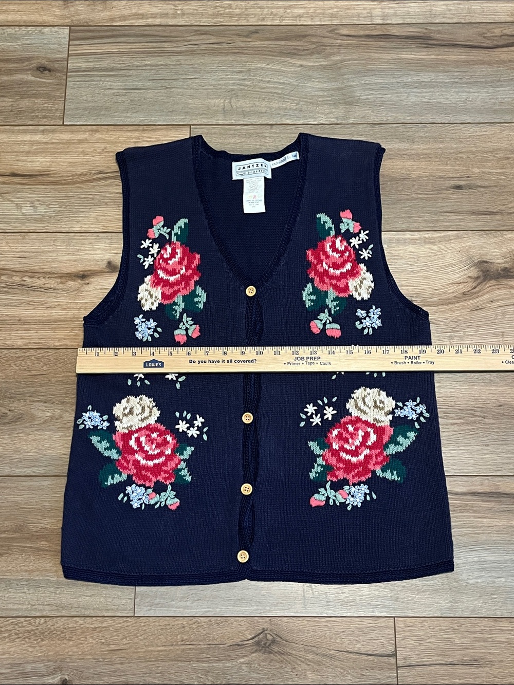 Vintage Jantzen Floral Embroidered Sweater Vest Navy Button Front Women's Medium - Picture 3 of 6